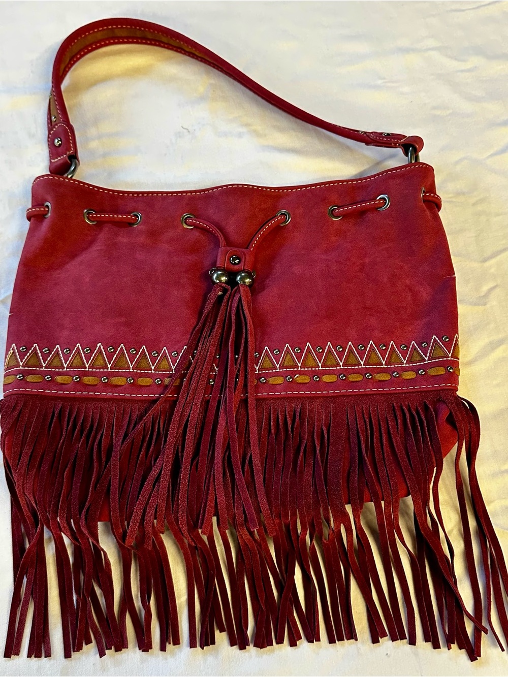Montana West Boho Western Red Suede Fringe Shoulder Bag with Embellished Trim